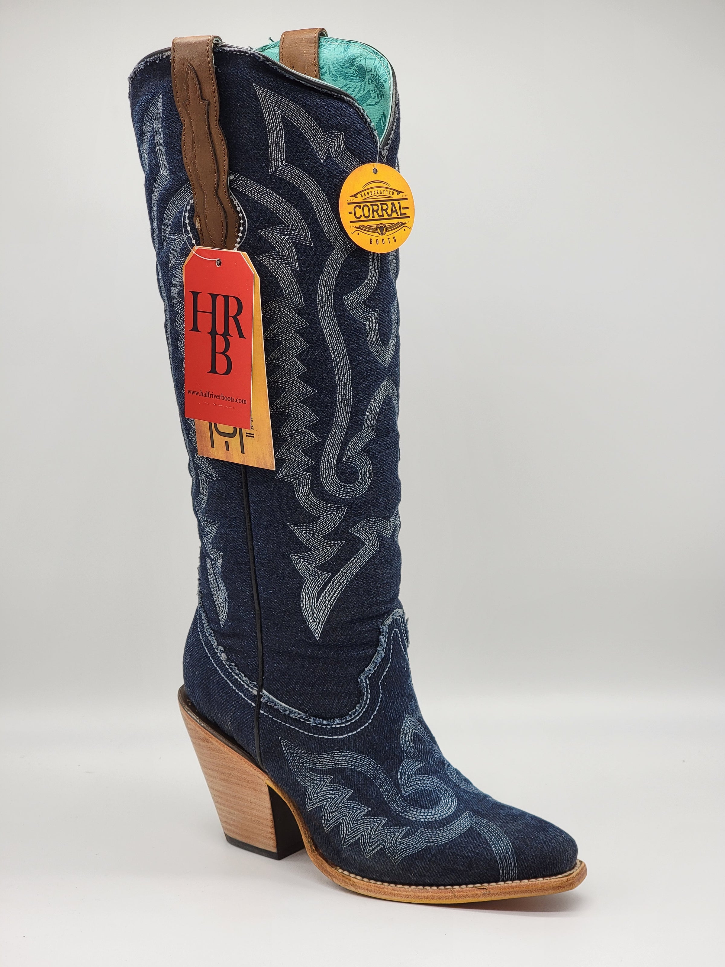 Corral Women's Denim White Embroidery Tall Pointed Toe Z5226