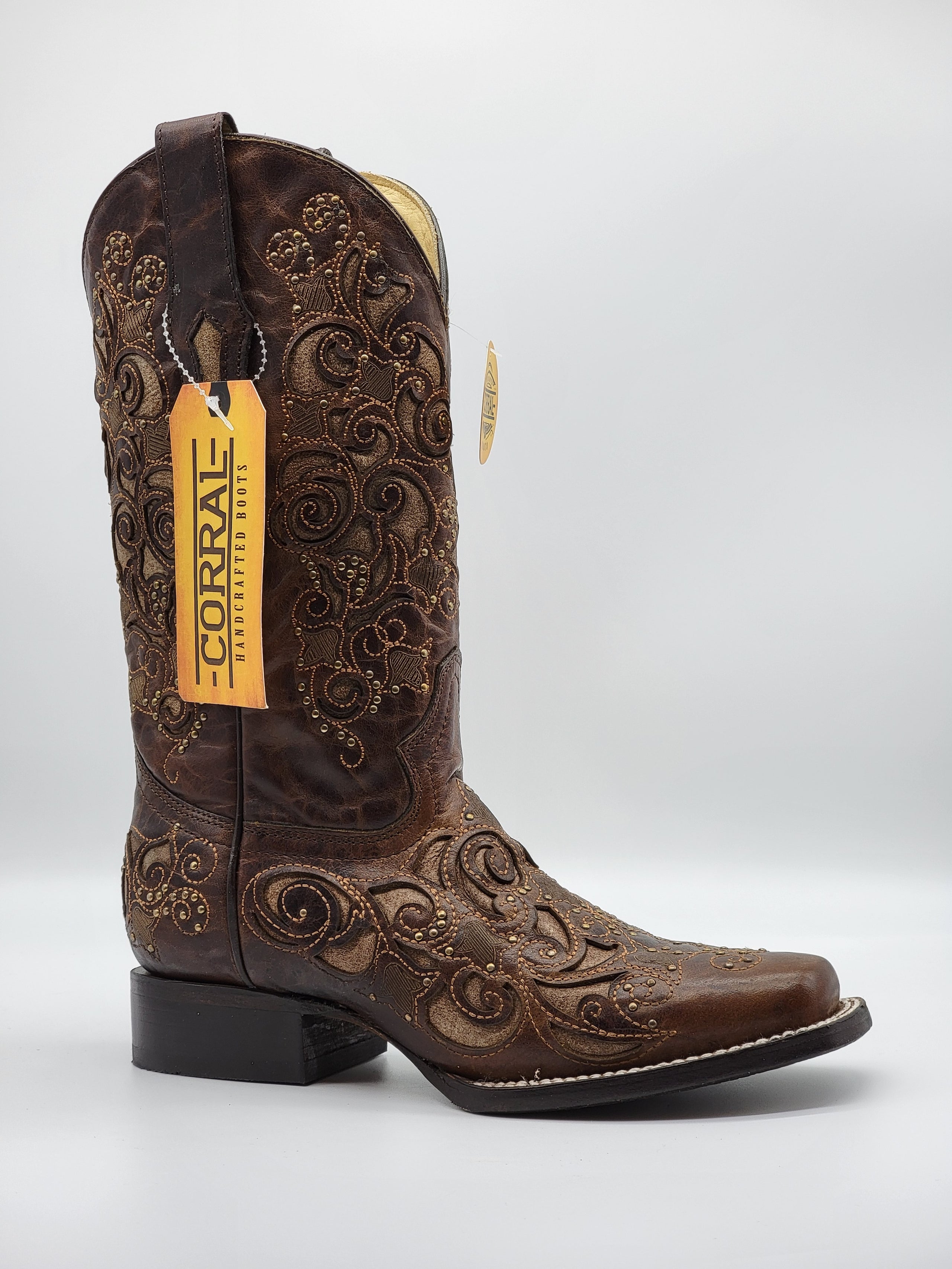 Corral LD Brown Inlay Studs Embroidery Sq. Toe A3326 Half