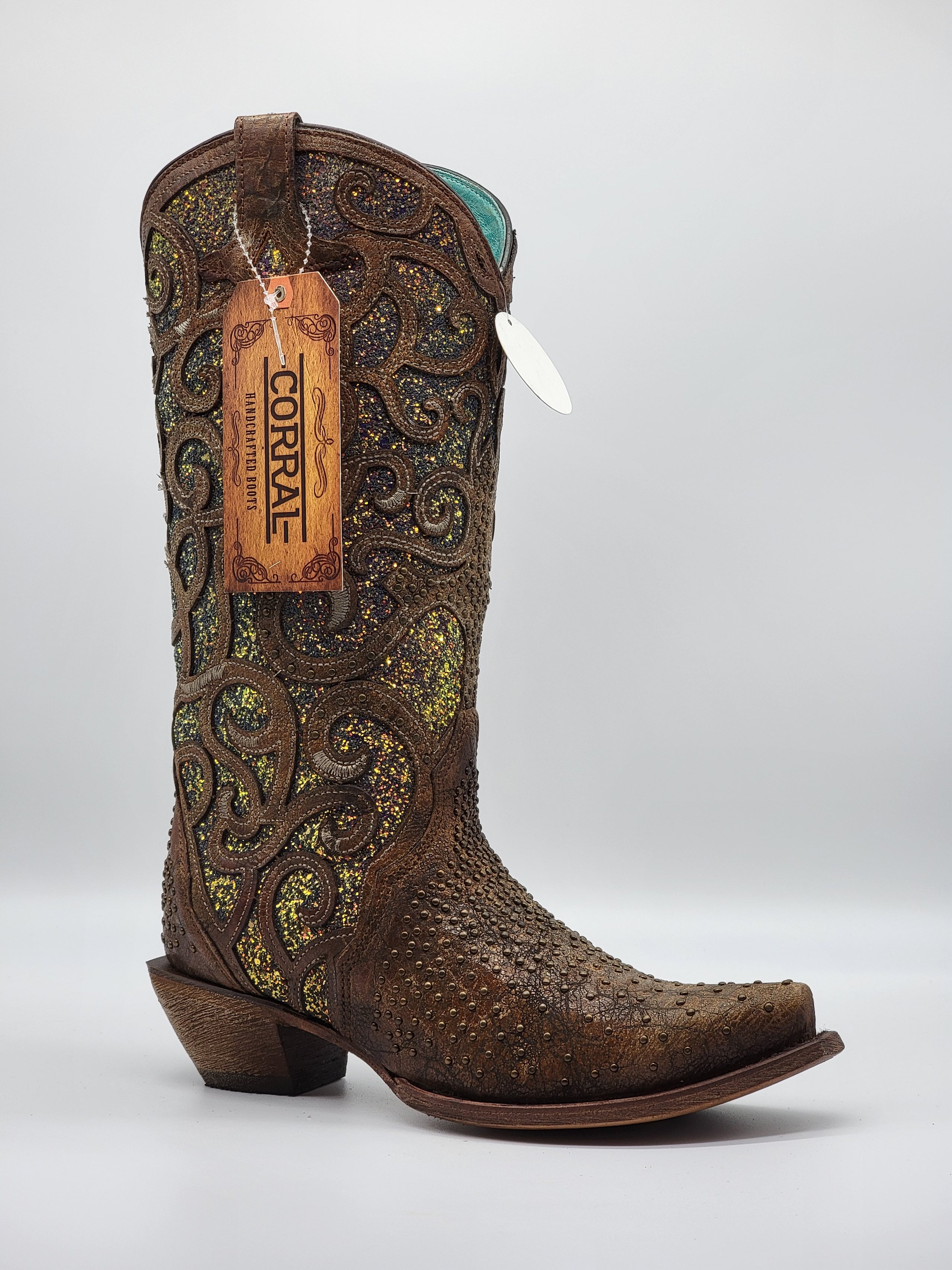 Corral Women s Cognac w Purple Glitter Inlay Snip Toe C3467 Half River Boots