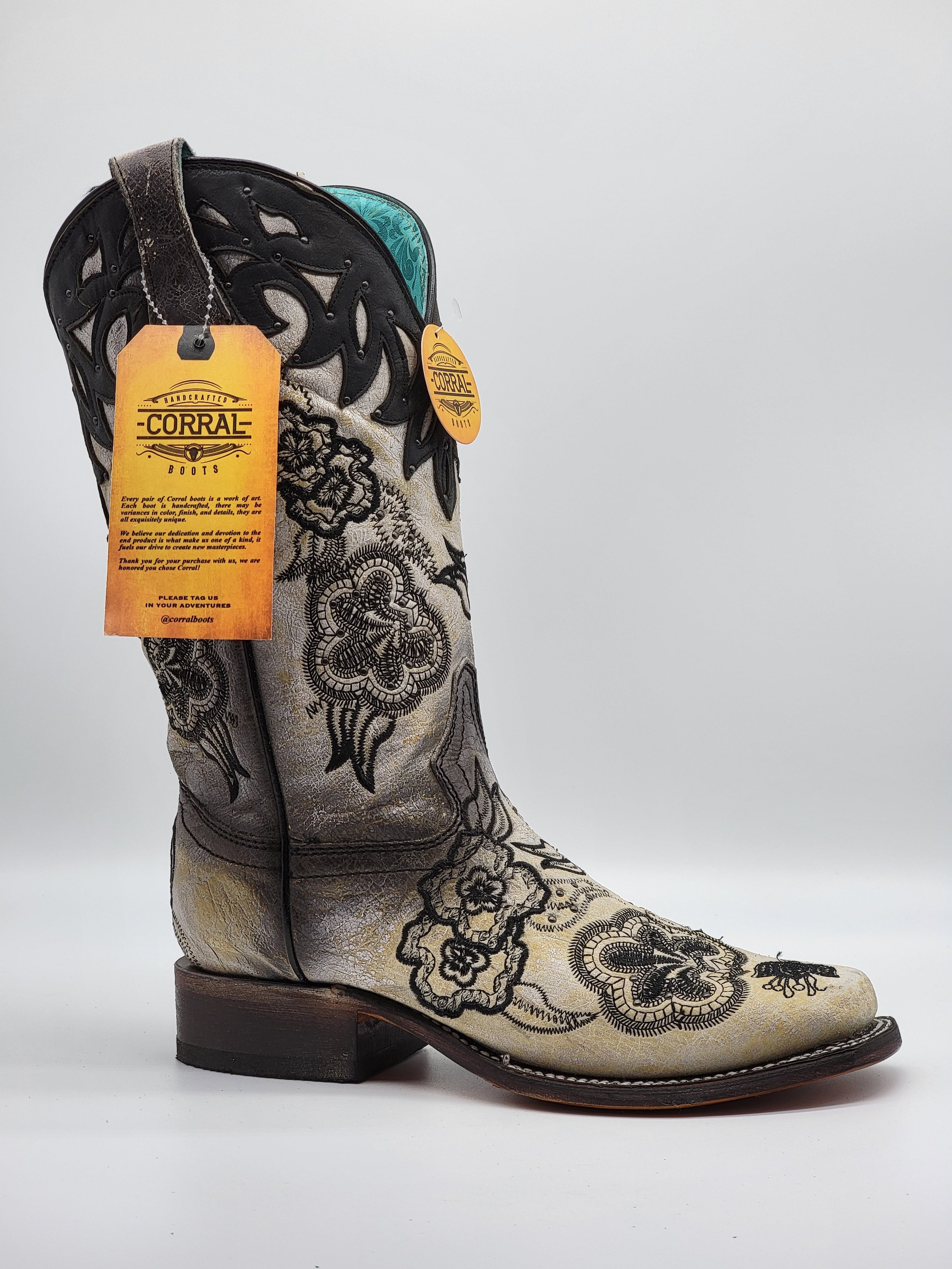 Corral Women s White Black Overlay Embroidery Studs Sq Toe A4163 Half River Boots